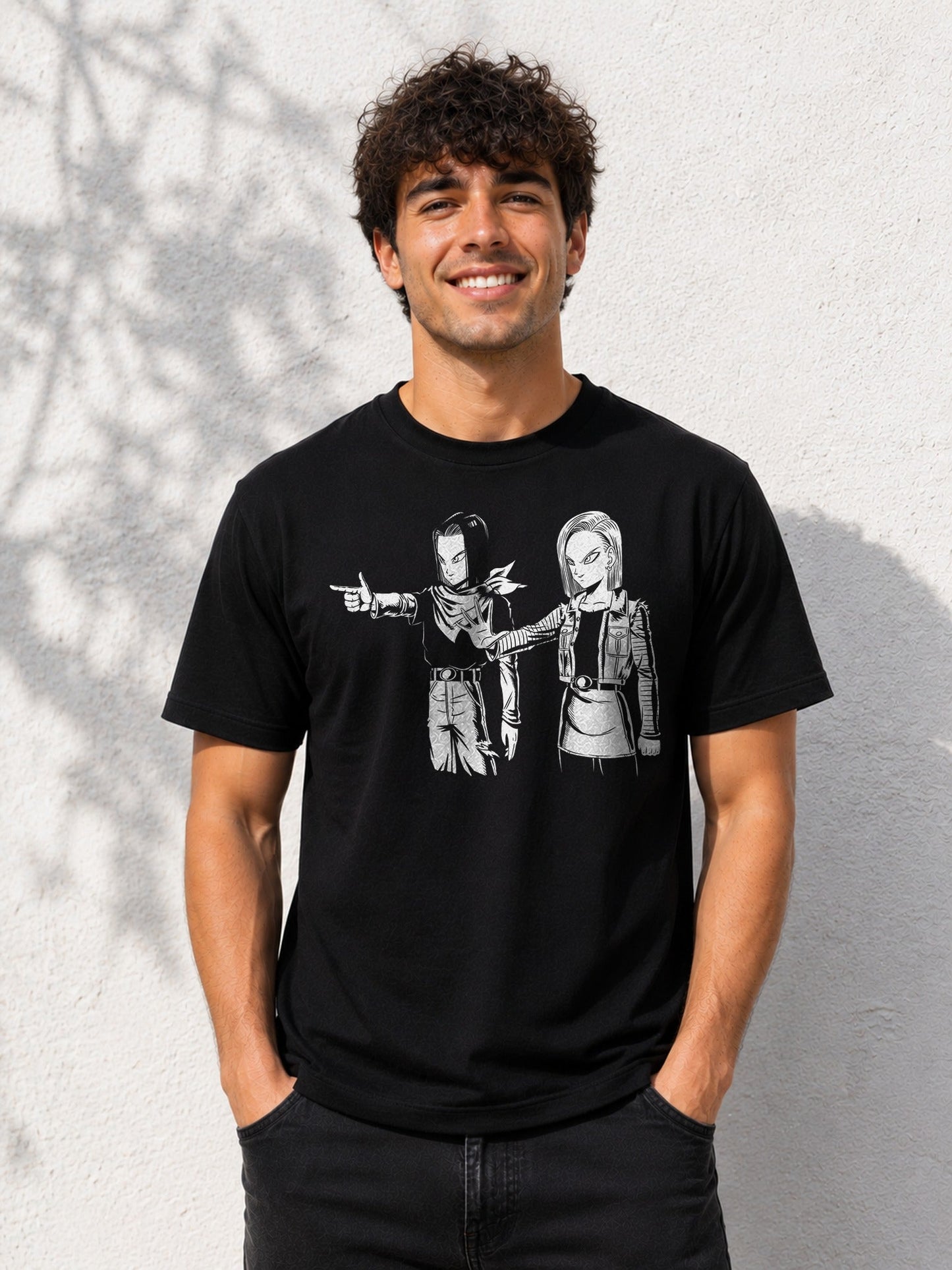 Camiseta A-Fiction – Androides 17 y 18 de Dragon Ball (negra)