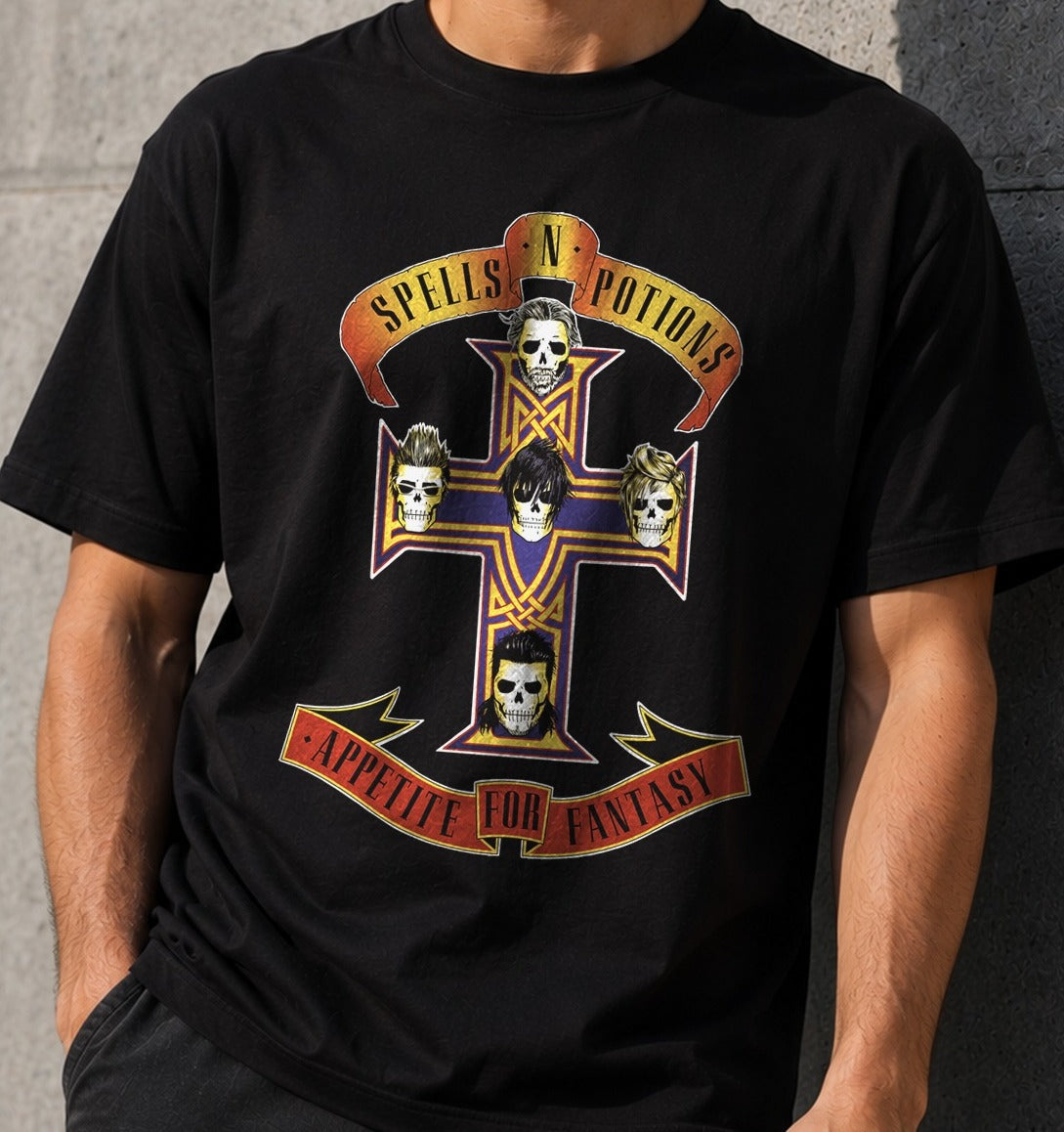 Camiseta Appetite for Fantasy – Parodia rockera friki (negra)
