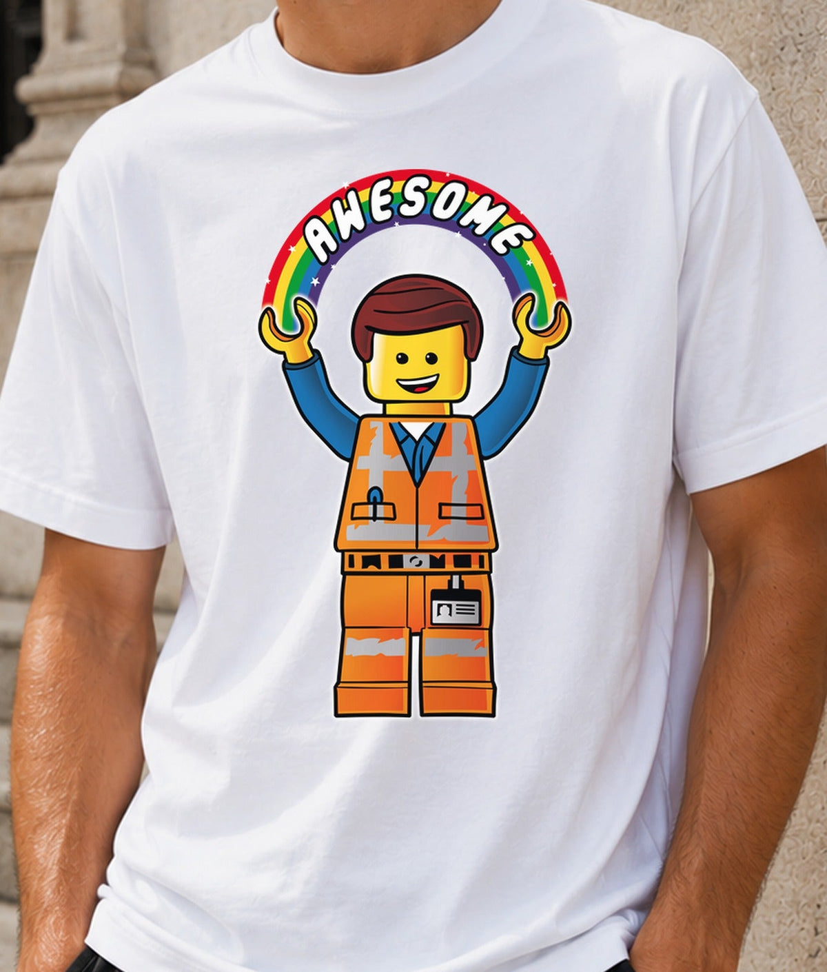 Camiseta Awesome – Obrero de Bloques y Arcoíris (blanca)