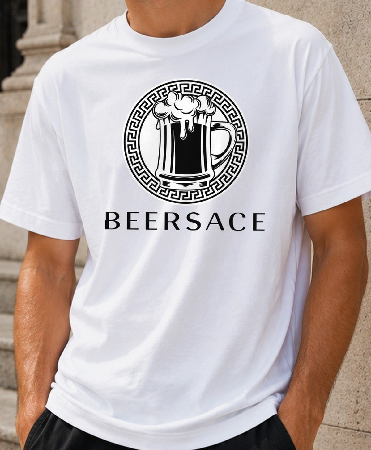 Camiseta Beersace – Parodia cervecera para amantes de la moda (blanca)