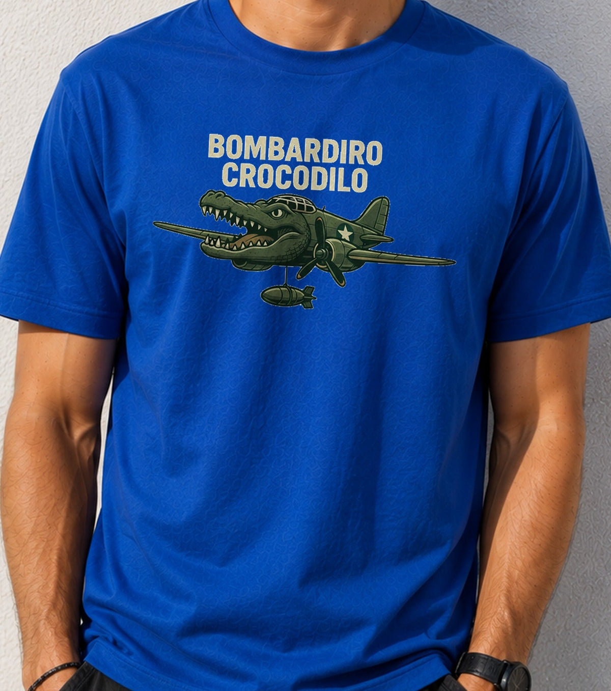 Camiseta Bombardiro Crocodilo – Meme Italian Brainrot (azul)