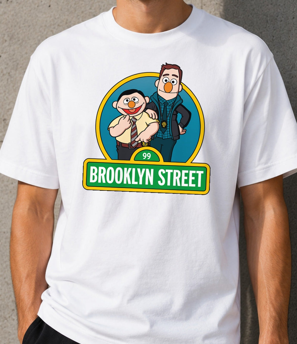 Camiseta Brooklyn Street – Comedia Policial y Marionetas (blanca)