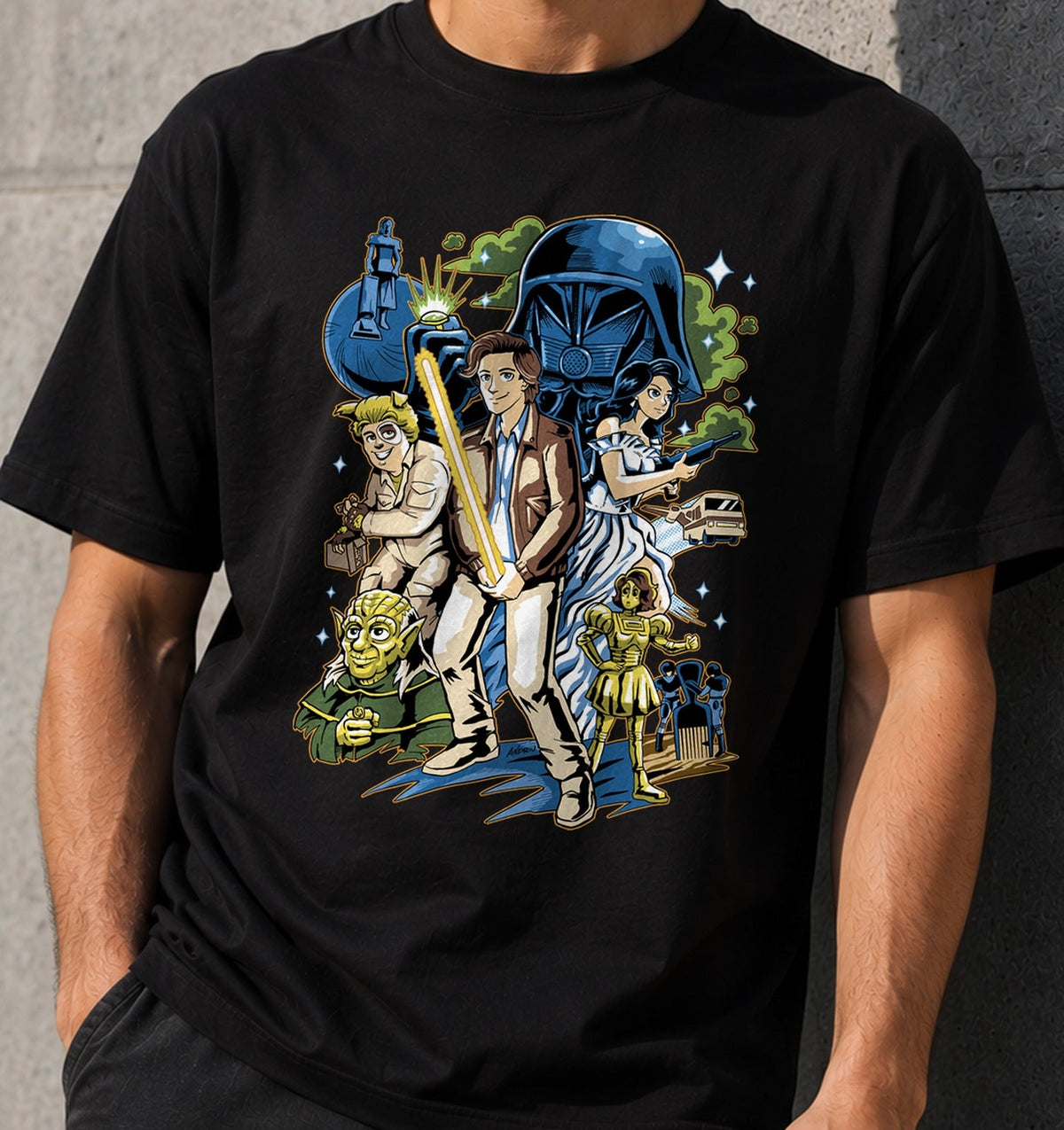 Camiseta Crazy Space – Parodia Espacial de Dibujos Animados (negra)