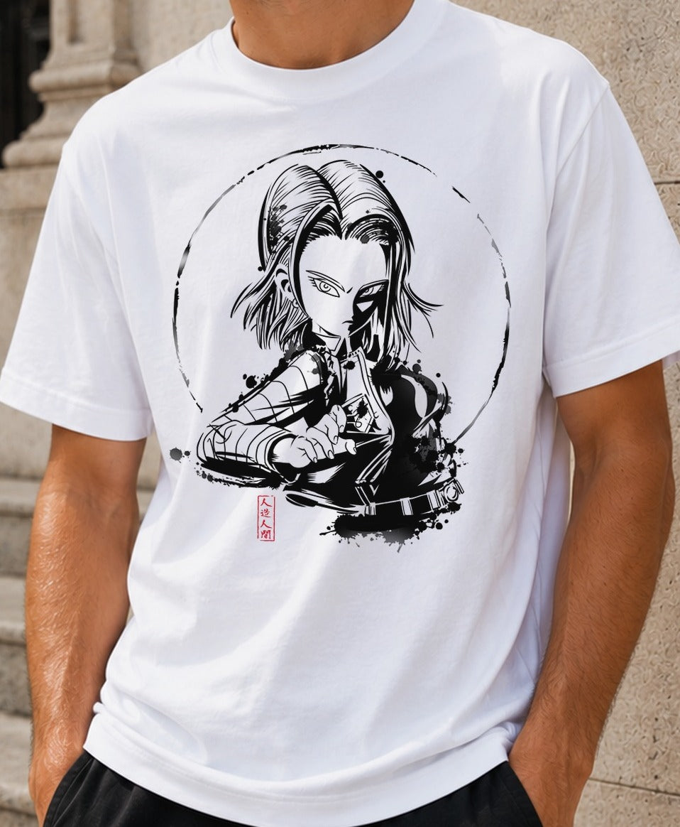 Camiseta Cyborg 18 – Android 18 de Dragon Ball Z (blanca)