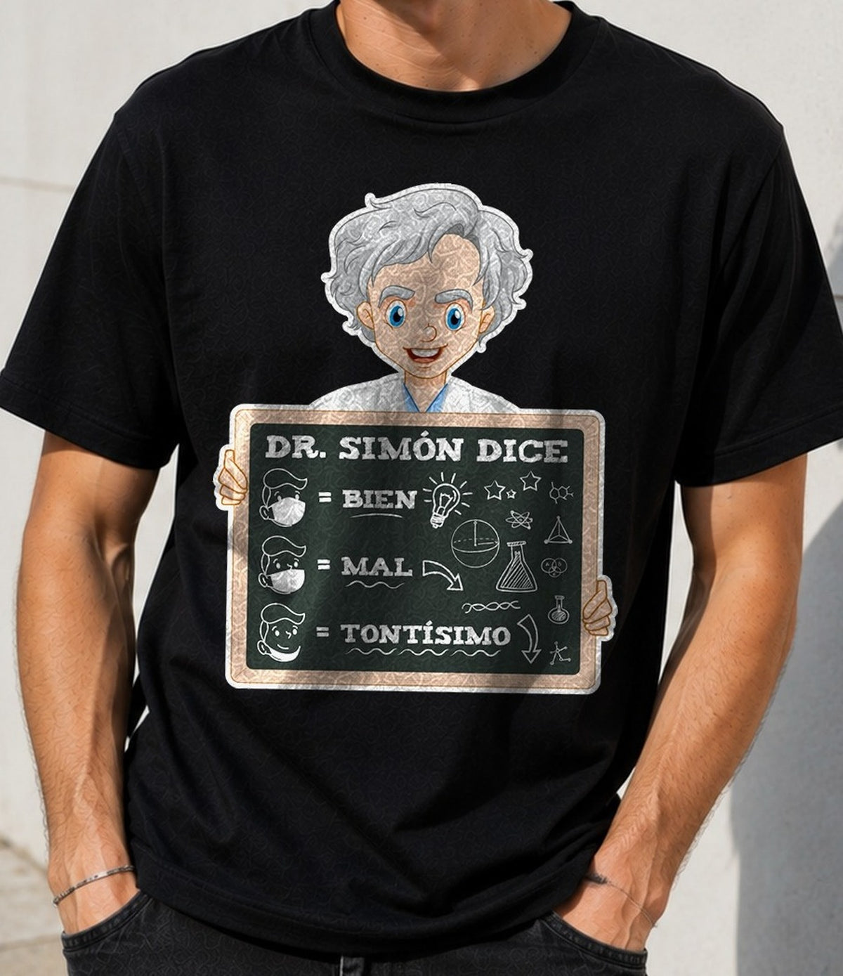 Camiseta Dr Simón Dice – Humor Científico (negra)