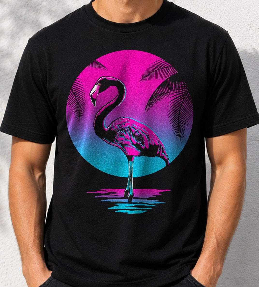Camiseta Flamingo in Retro – Estilo Vaporwave (negra)