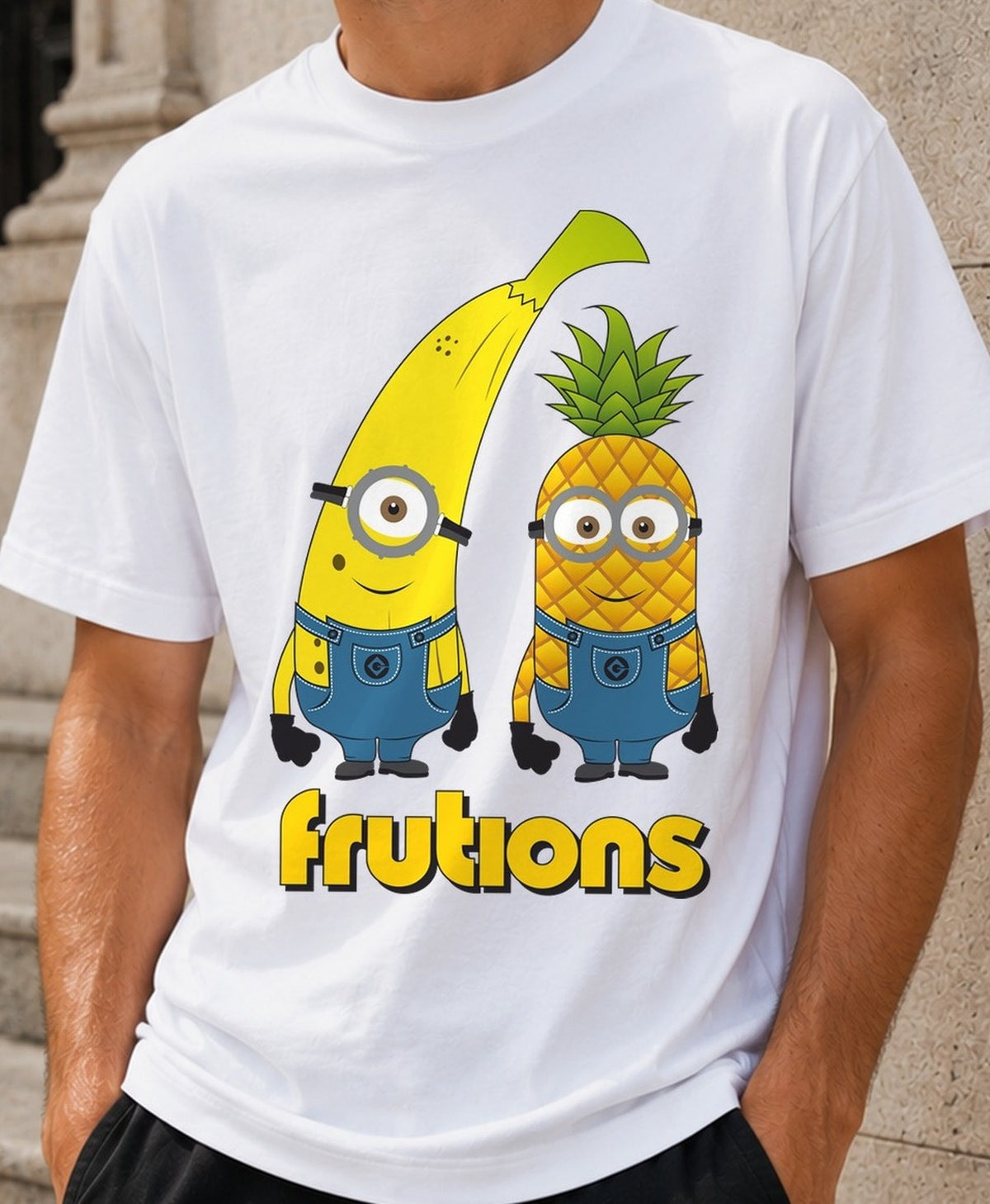 Camiseta Frutions – Parodia de los Minions (blanca)