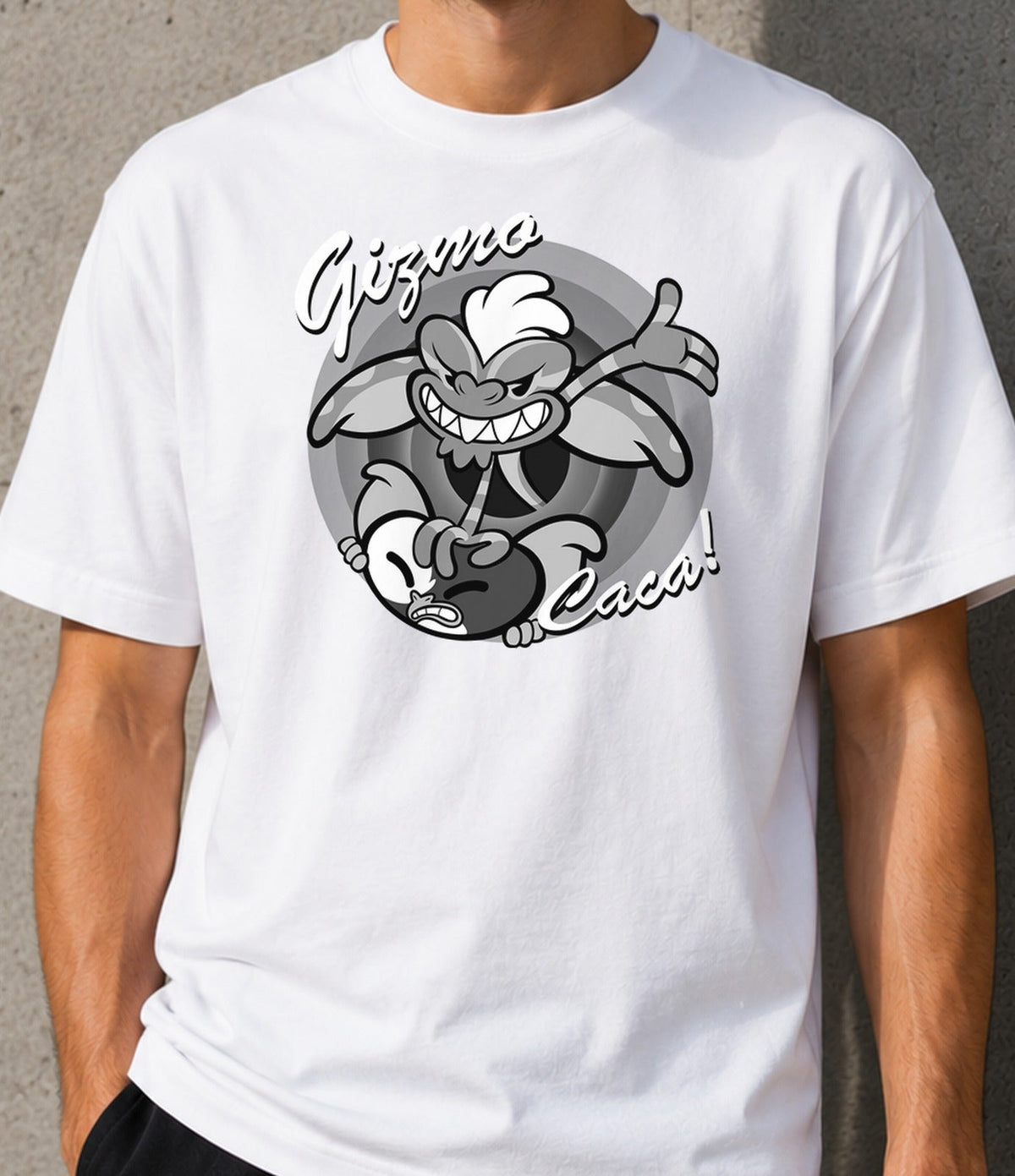 Camiseta Gizmo Caca – Criatura Peluda de los 80 (blanca)