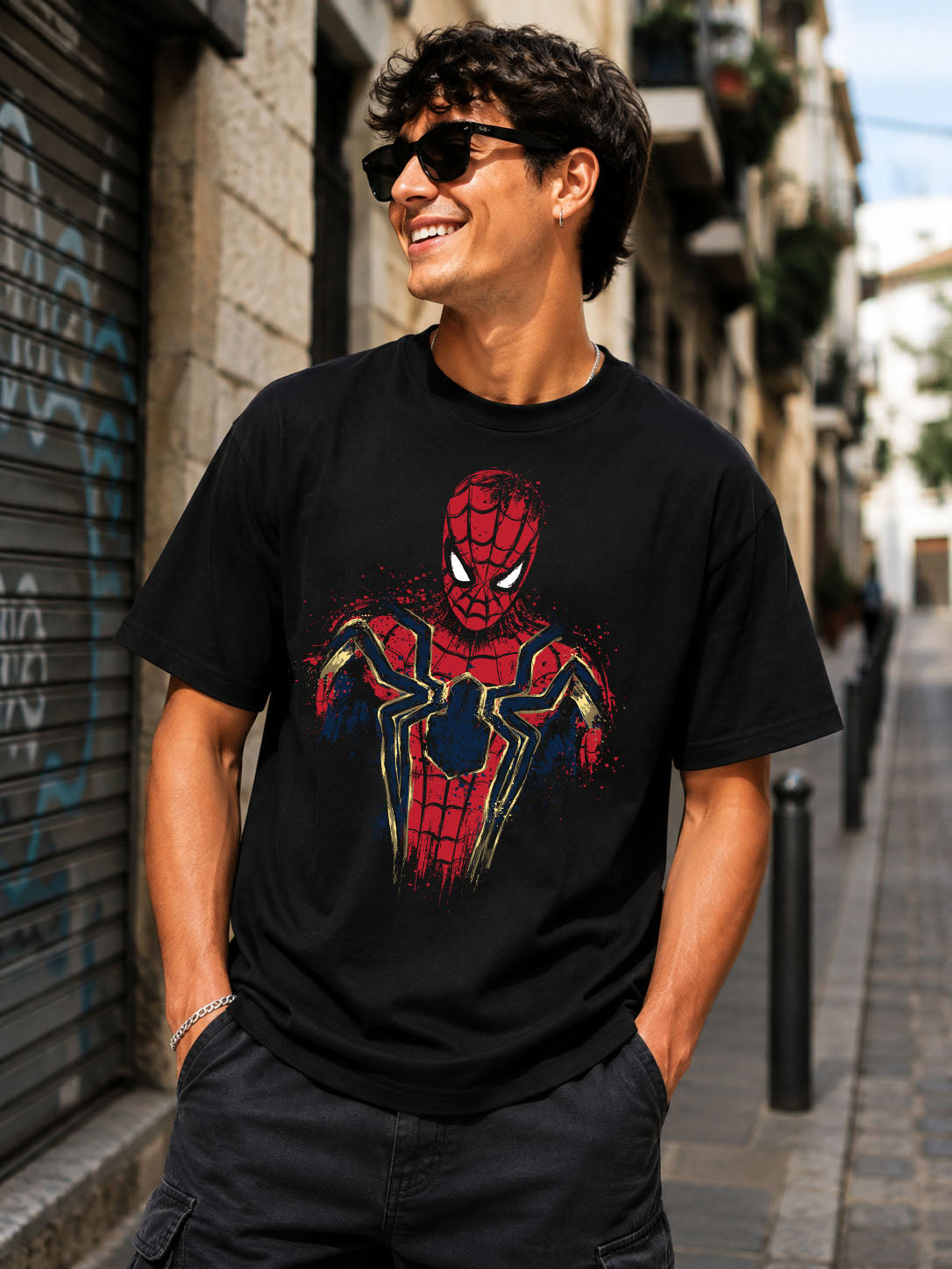 Camiseta negra con ilustración arácnida en rojo y dorado, diseño de DRMONEKERS