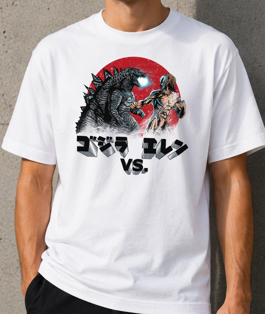 Camiseta Kaiju vs Titan – Godzilla vs Attack on Titan (blanca)