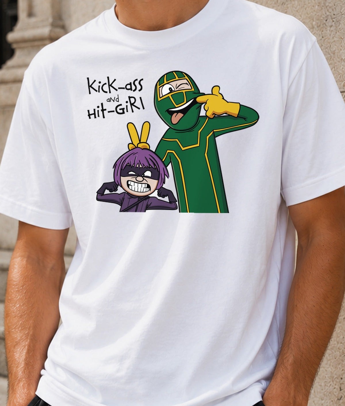 Camiseta KickAss and HitGirl – Superhéroes Gamberros de Cómic (blanca)