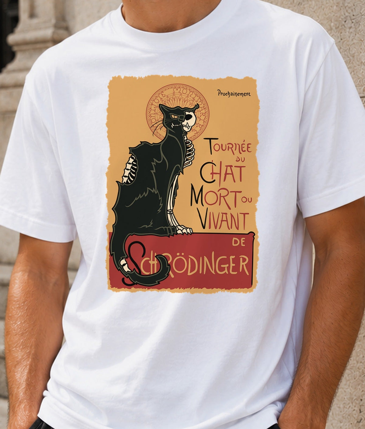 Camiseta Le chat noir de Schrödinger – Ciencia y Humor Friki (blanca)