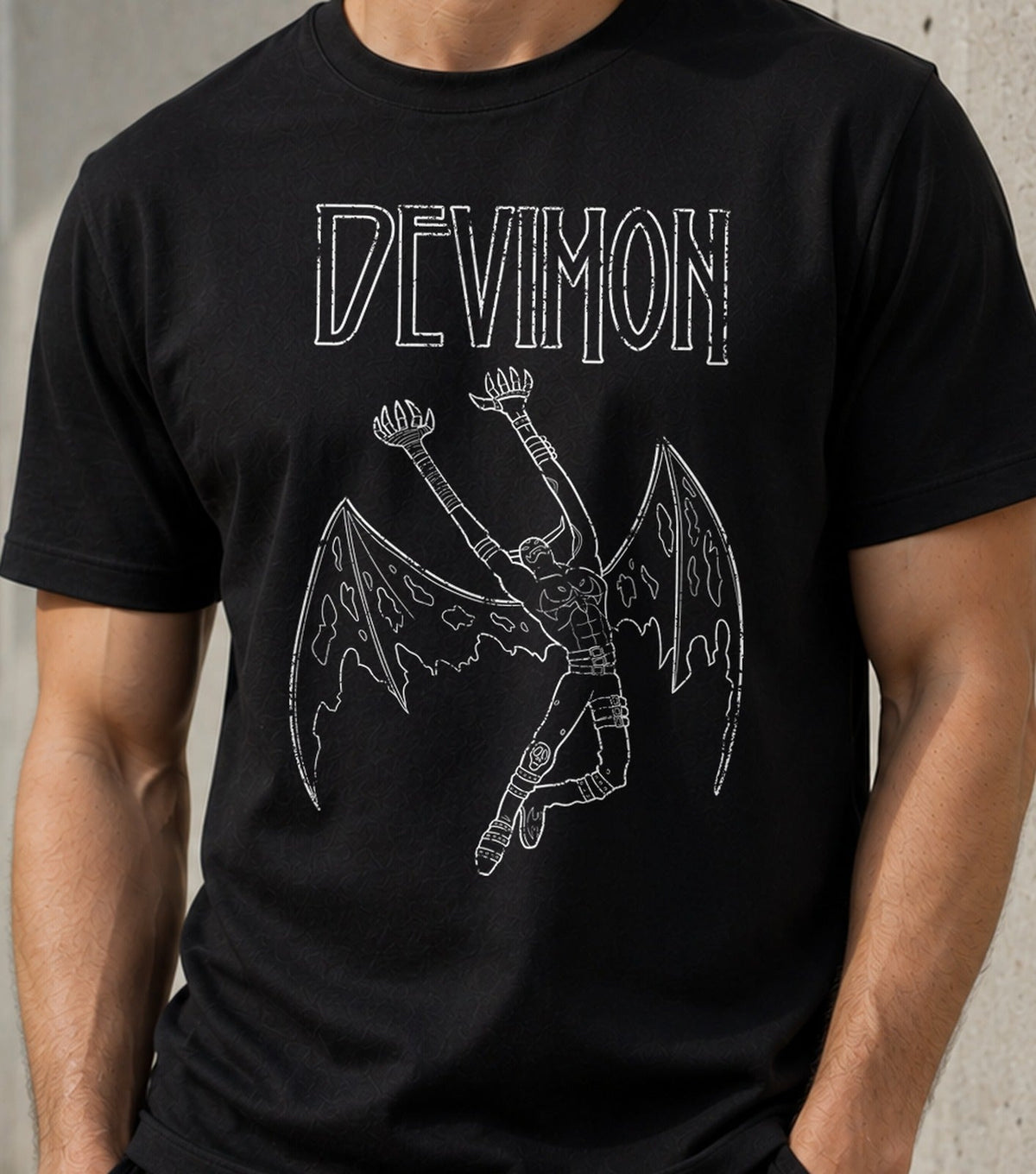 Camiseta Led Devimon – Villano Alado y Rock Ochentero (negra)