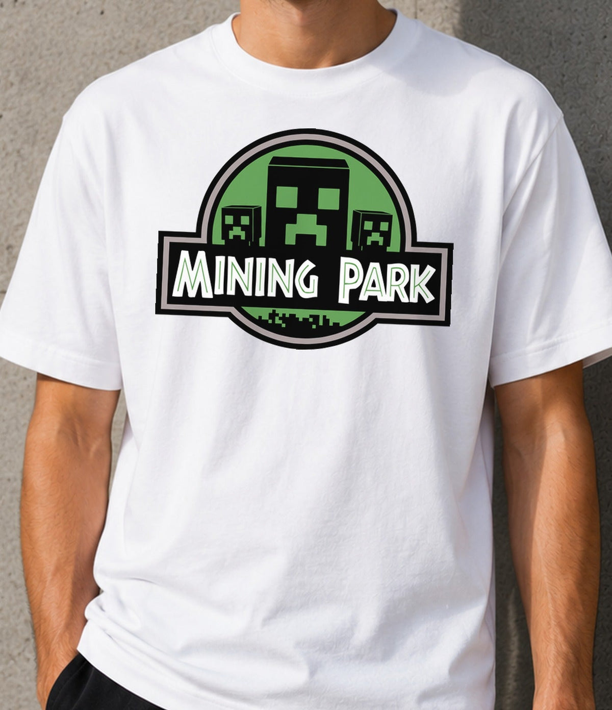 Camiseta Mining Park – Parodia de Parque de Dinosaurios y Bloques (blanca)
