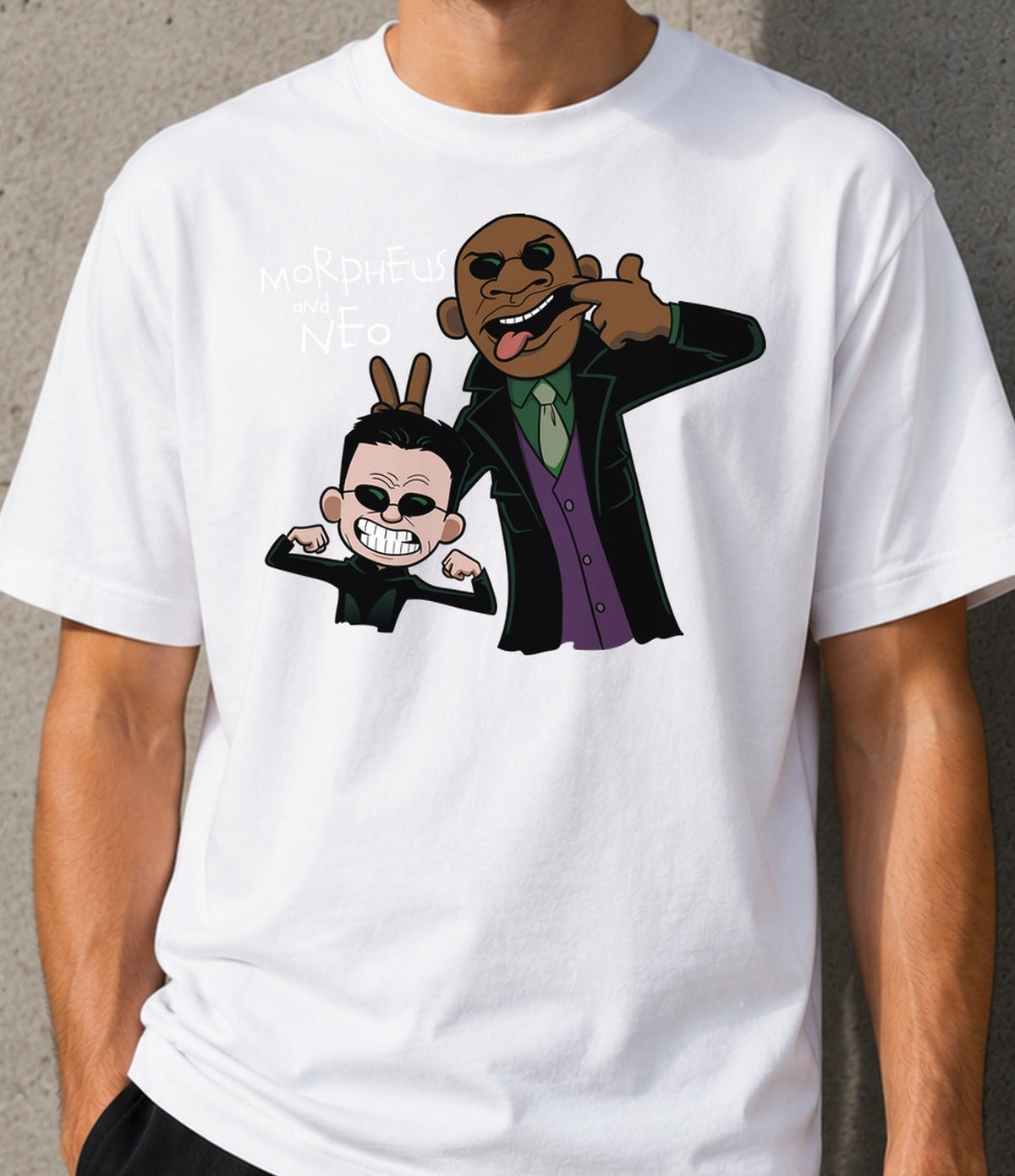 Camiseta Morpheus and Neo – Parodia de Ciencia Ficción Noventera (blanca)