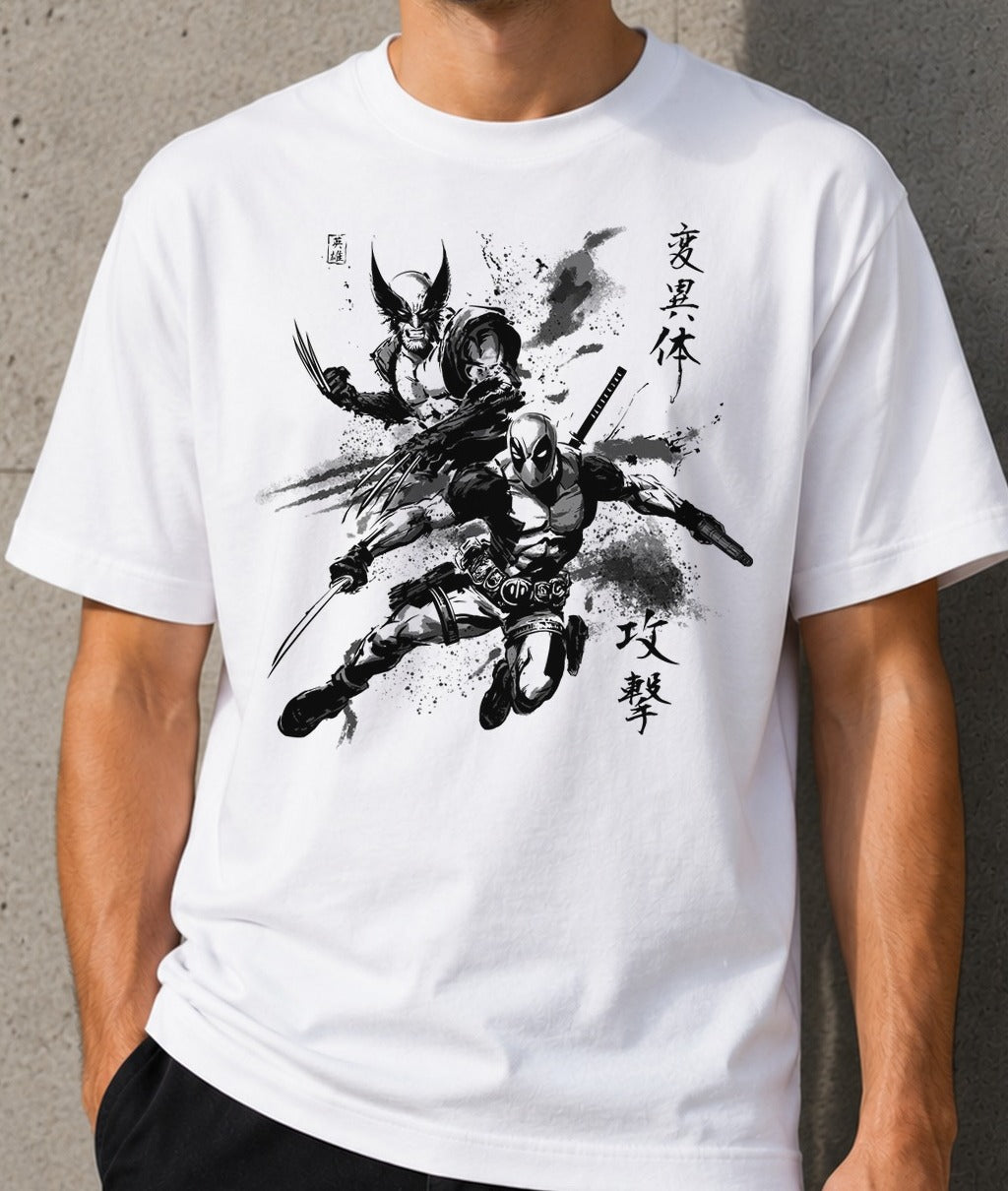 Camiseta Mutants in Action – Wolverine y Deadpool (blanca)
