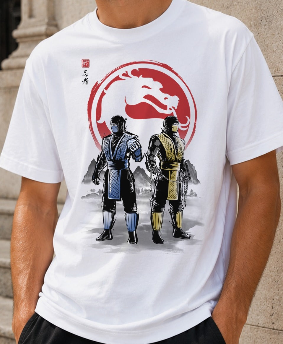 Camiseta Ninjas Under The Sun – Sub-Zero y Scorpion de Mortal Kombat (blanca)