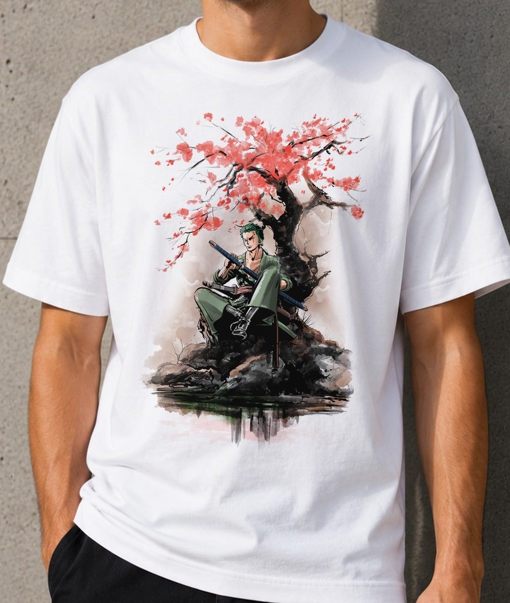 Camiseta Pirate Hunter Under The Tree – Zoro de One Piece (blanca)