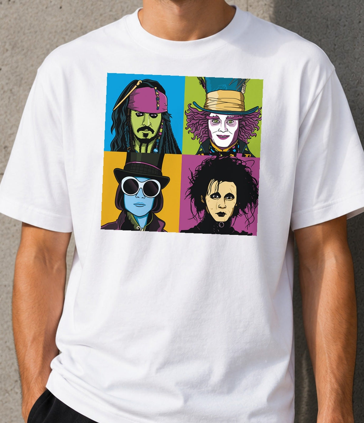 Camiseta Pop Depps – Personajes de Cine en Pop Art (blanca)