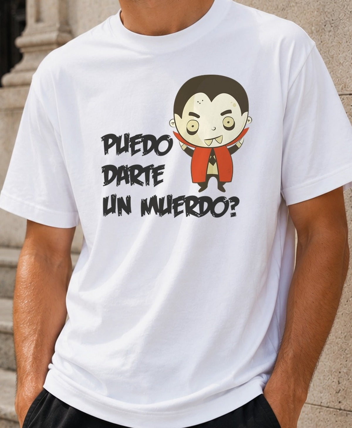 Camiseta Puedo darte un muerdo – Vampiro para Halloween (blanca)