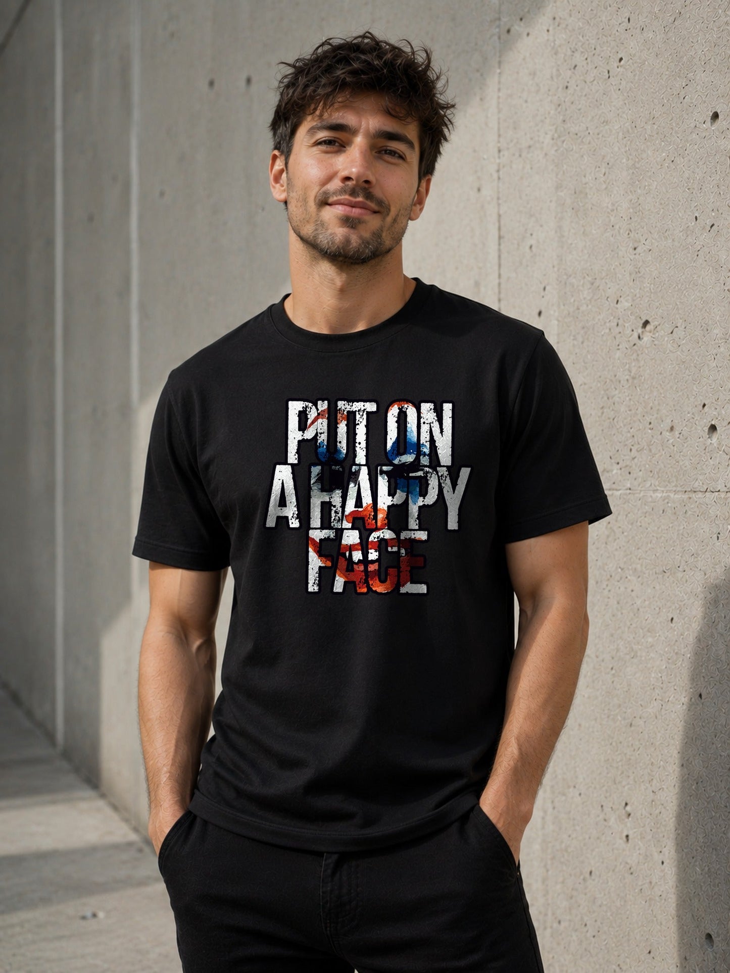 Camiseta con el diseño Put On A Happy Face – Ironía para los días de perros, de Paranoia Records