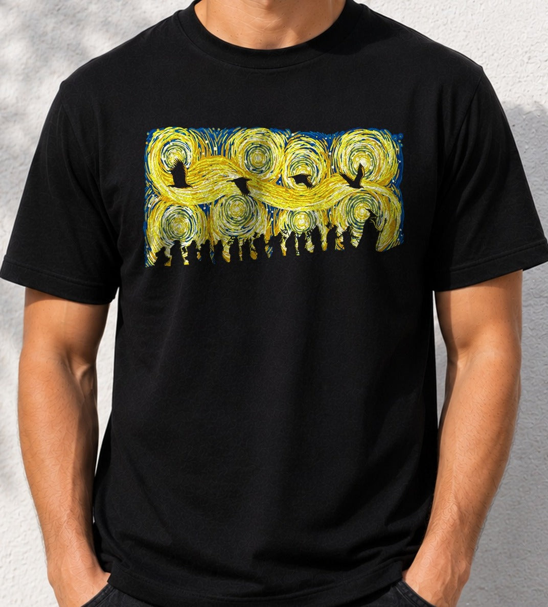 Camiseta Starry Adventure – Estilo Van Gogh (negra)