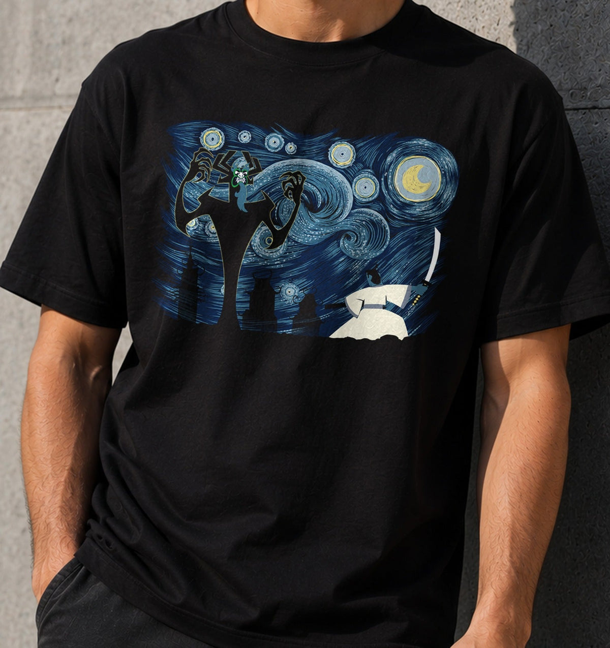 Camiseta Starry Samurai – Mashup Van Gogh y Samurái (negra)