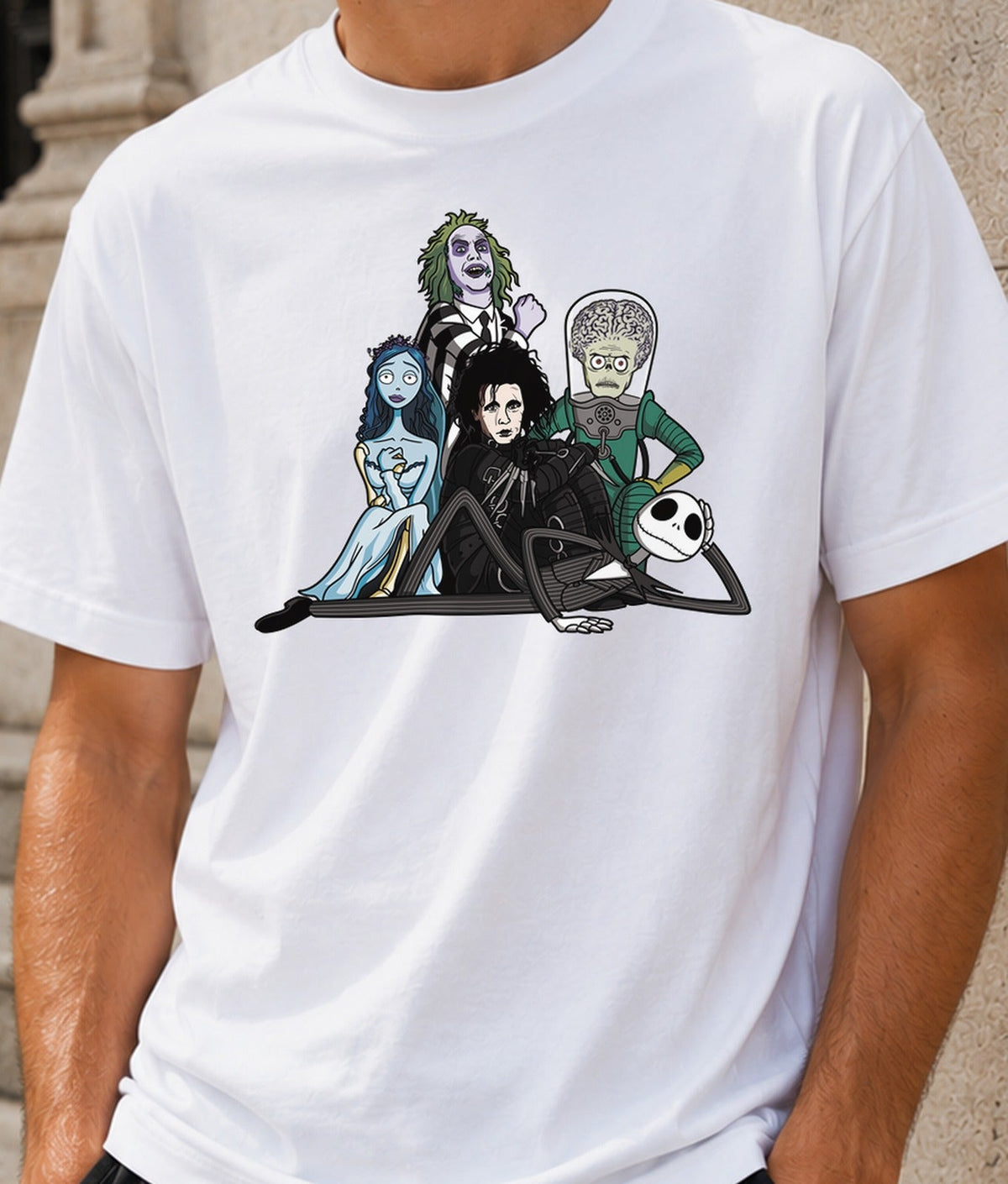 Camiseta The Burton Club – Personajes Góticos de Cine (blanca)