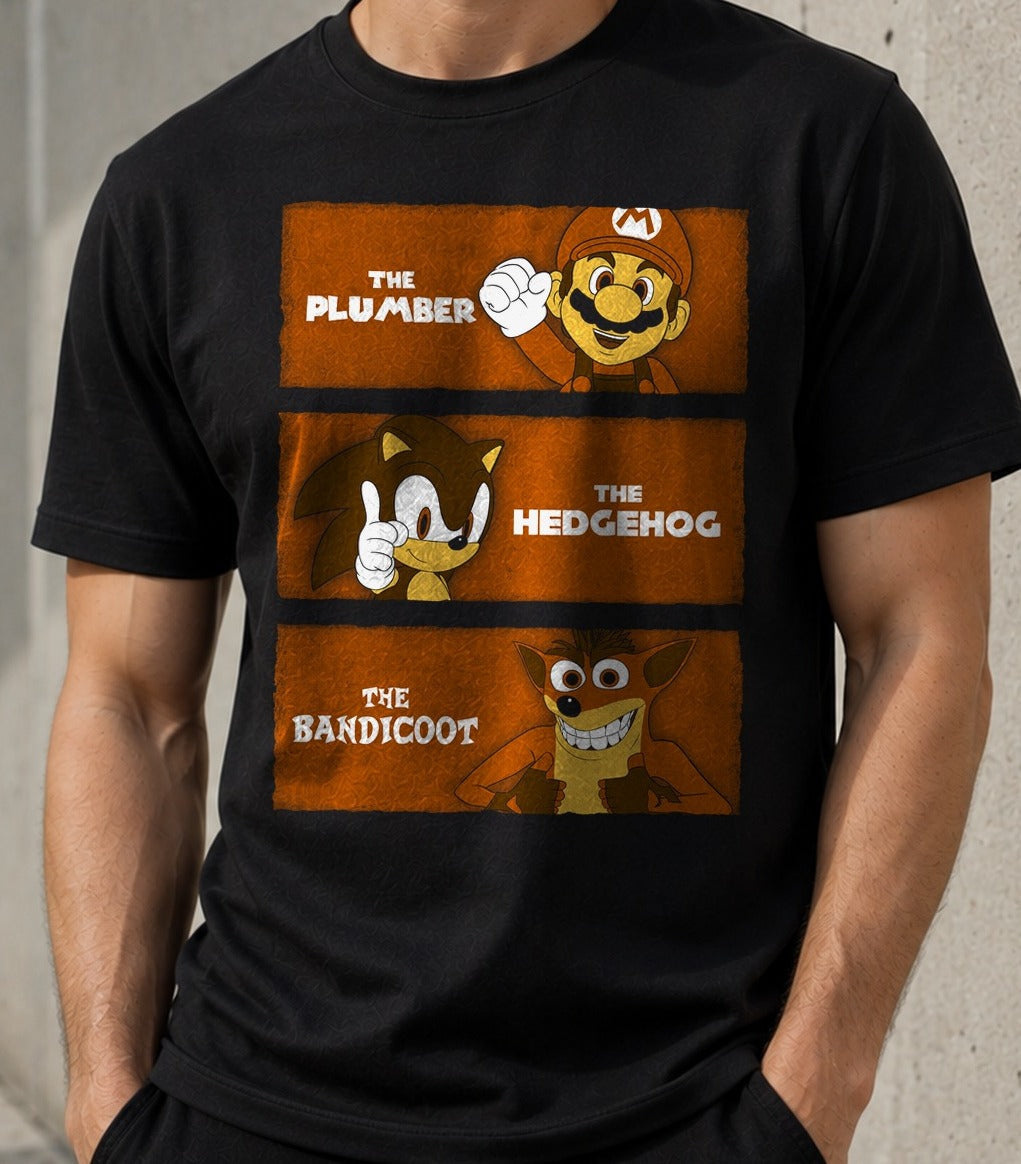 Camiseta The Generations – Mario, Sonic y Crash Bandicoot (negra)