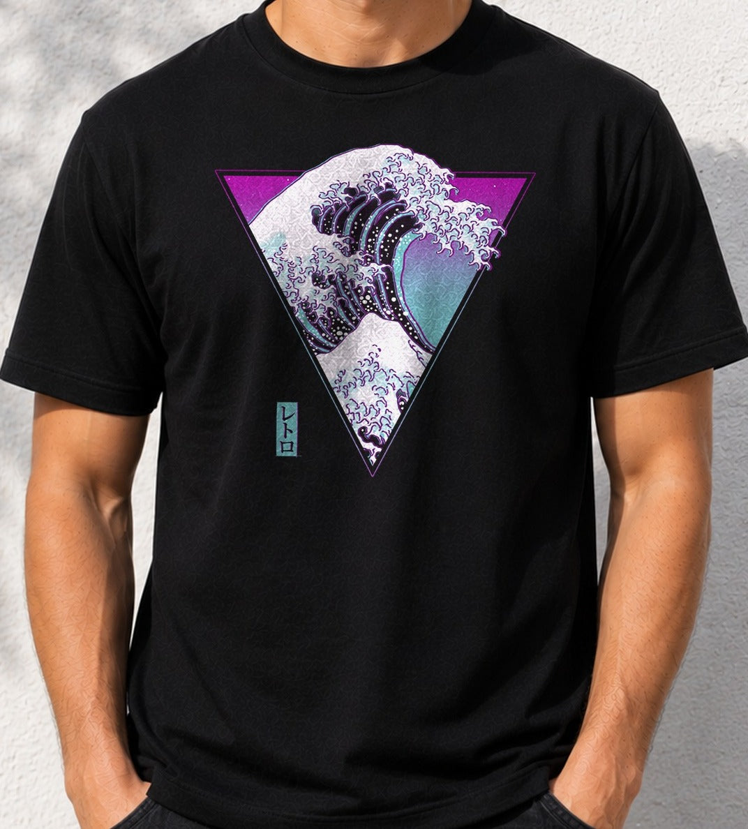 Camiseta The Great Synthwave – Ola de Hokusai Vaporwave (negra)