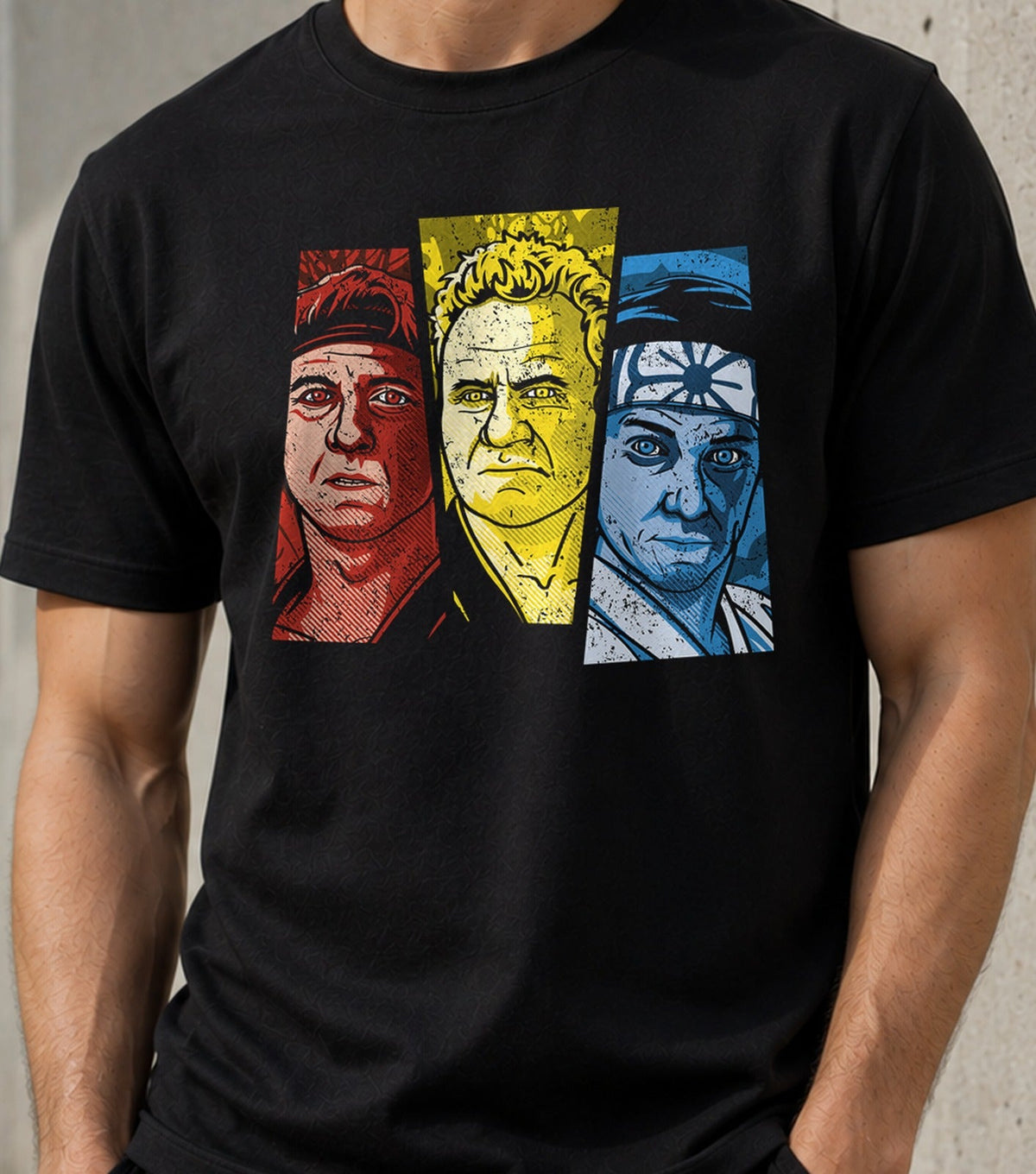 Camiseta The Three Senseis – Iconos del Cine de Artes Marciales de los 80 (negra)