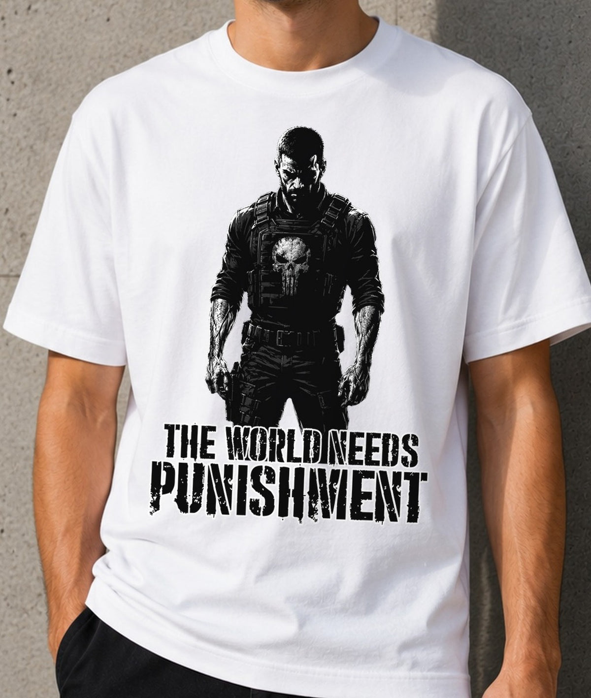 Camiseta The World Needs Punishment – Punisher Marvel (blanca)