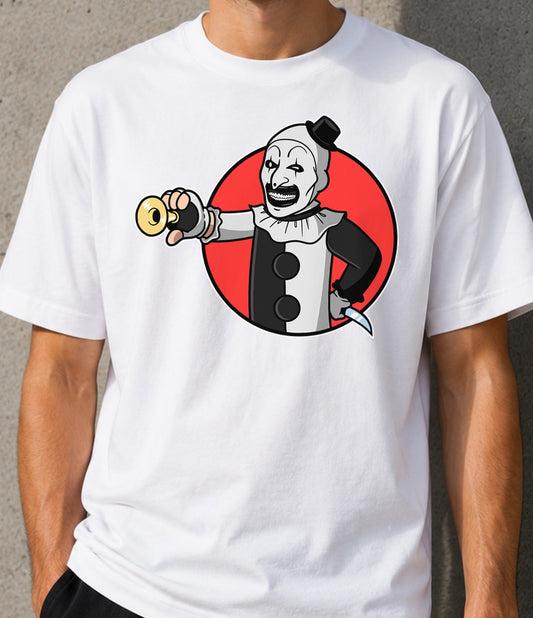 Camiseta Vault Clown – Payaso Terrorífico y Videojuegos Retro (blanca)