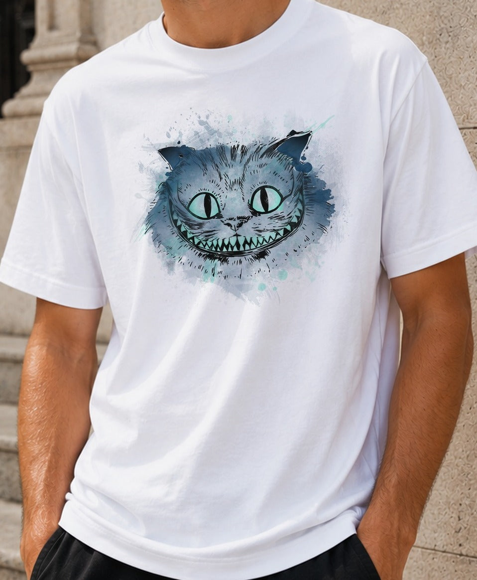 Camiseta Watercolor Smile – Gato de Cheshire (blanca)