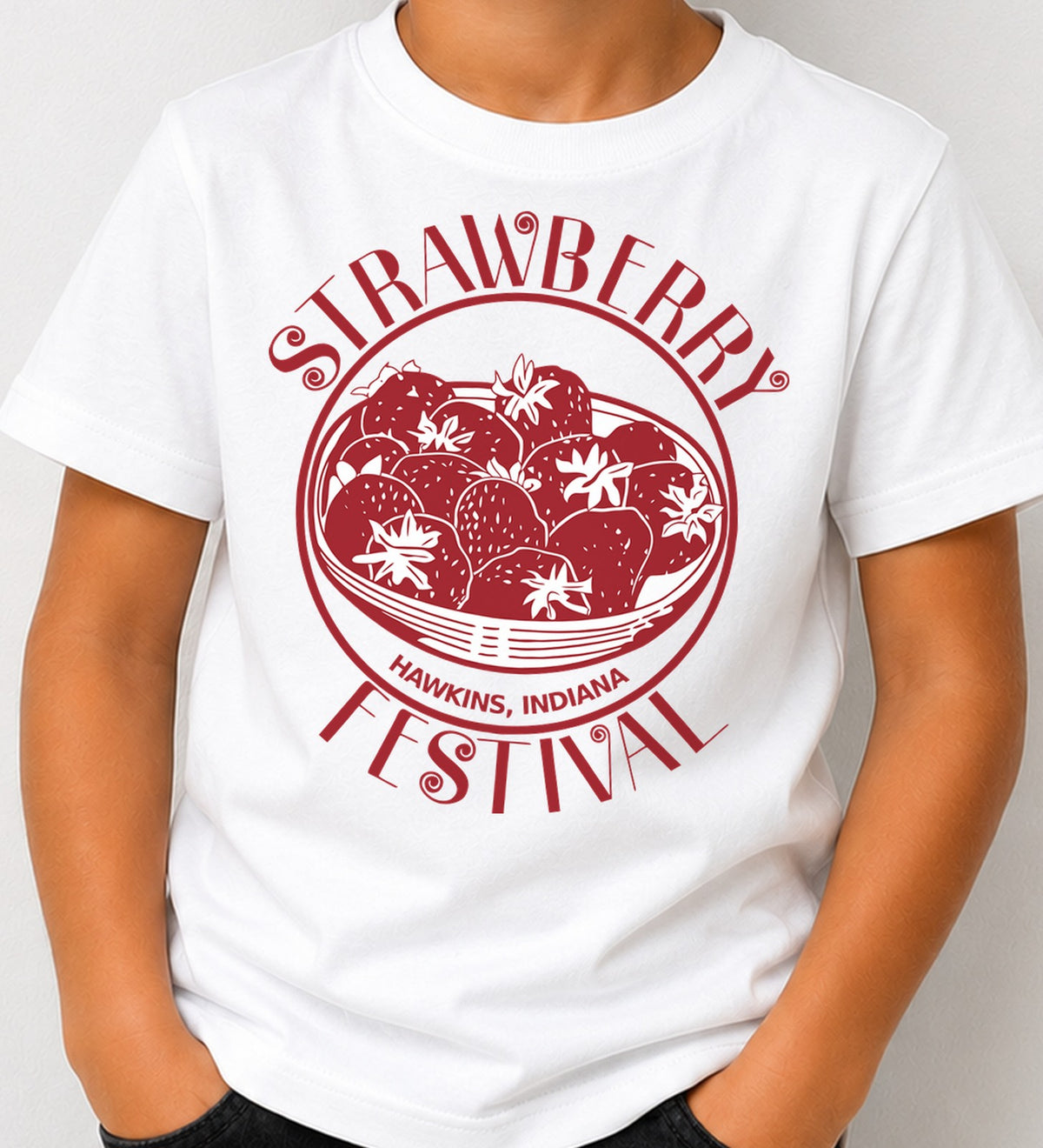 Camiseta niño Strawberry Festival Hawkins Indiana – Stranger Things (blanca)