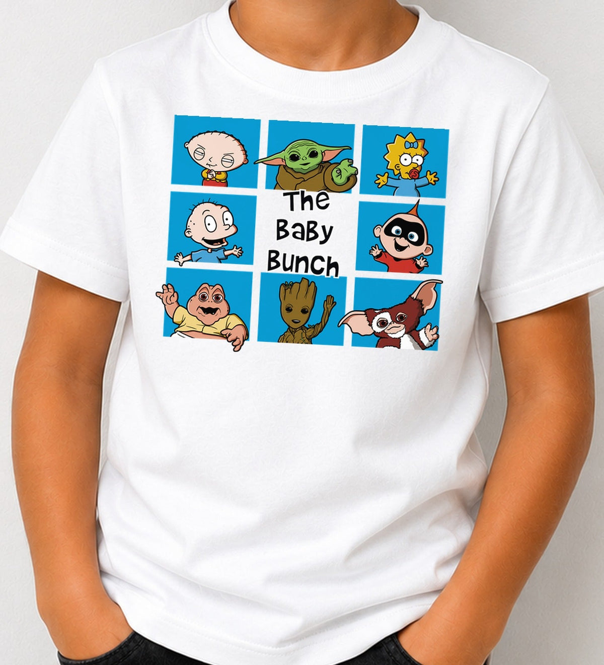 Camiseta de niño de bebé The Baby Bunch – Bebés Famosos de Series y Cine (blanca)