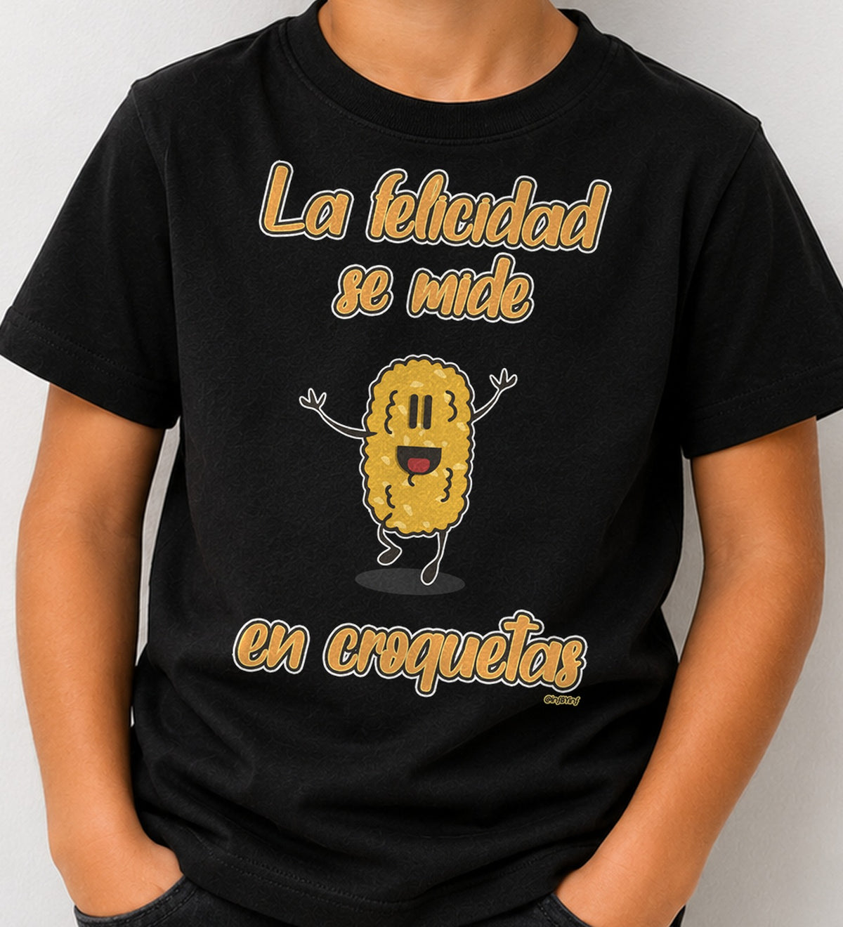 Camiseta niño La Felicidad Se Mide en Croquetas Dark (negra)