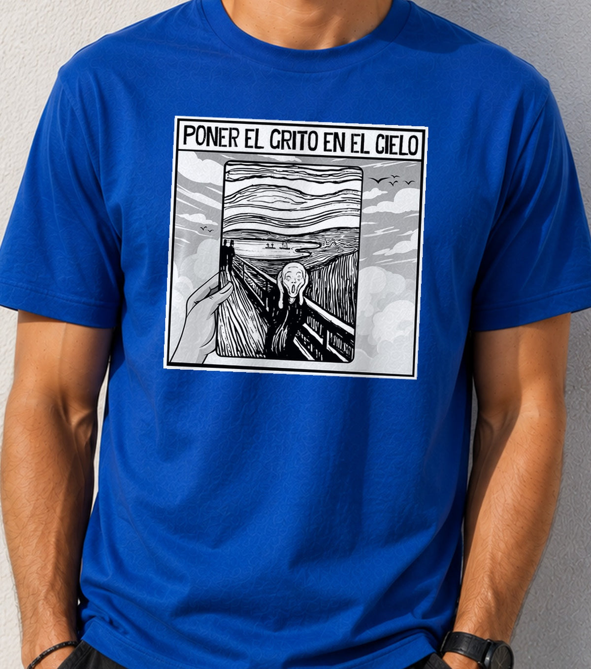 Camiseta El Grito en el Cielo – Parodia de El Grito de Munch (azul)