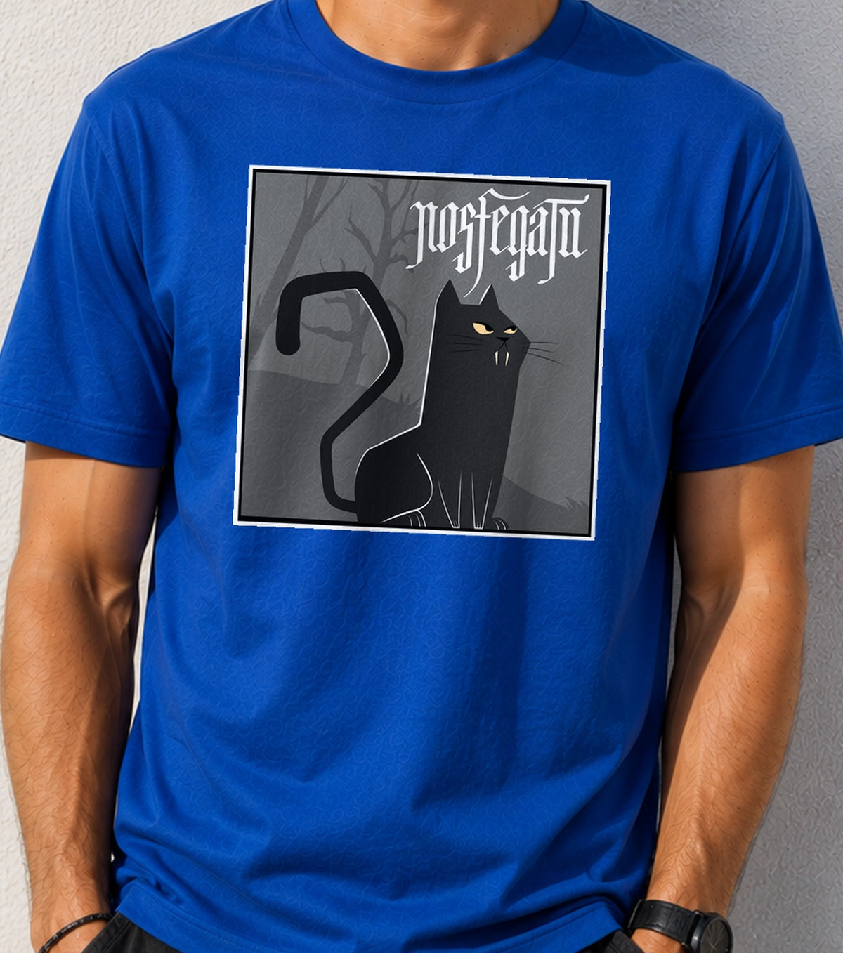 Camiseta Nosferatu – Parodia Gótica para Amantes de los Gatos (azul)