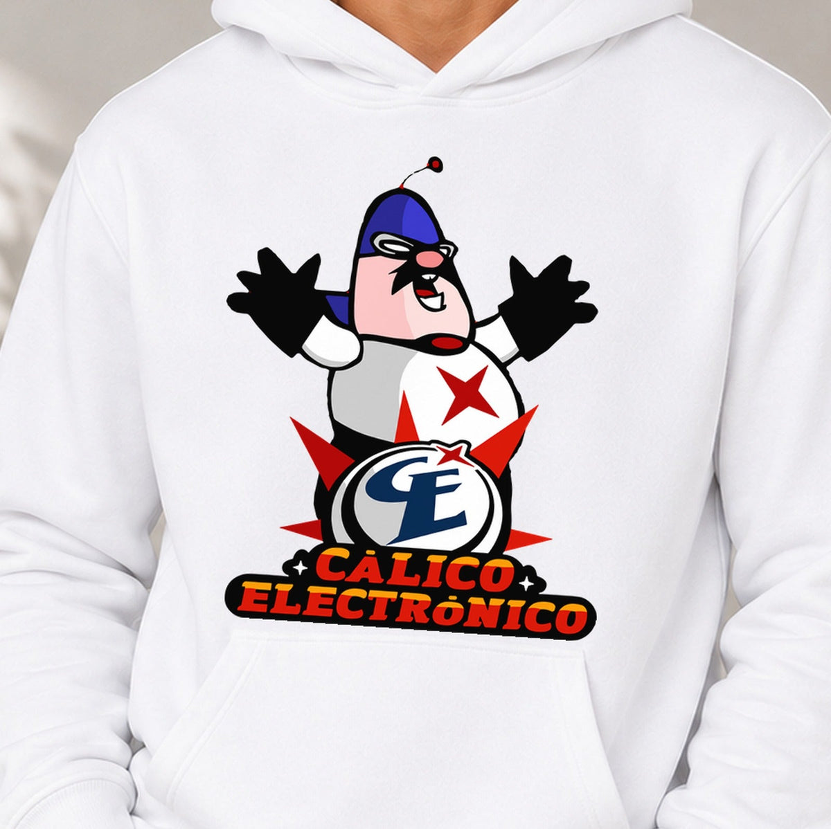 Sudadera Calico Electrónico – Superhéroe de Culto Español (blanca)