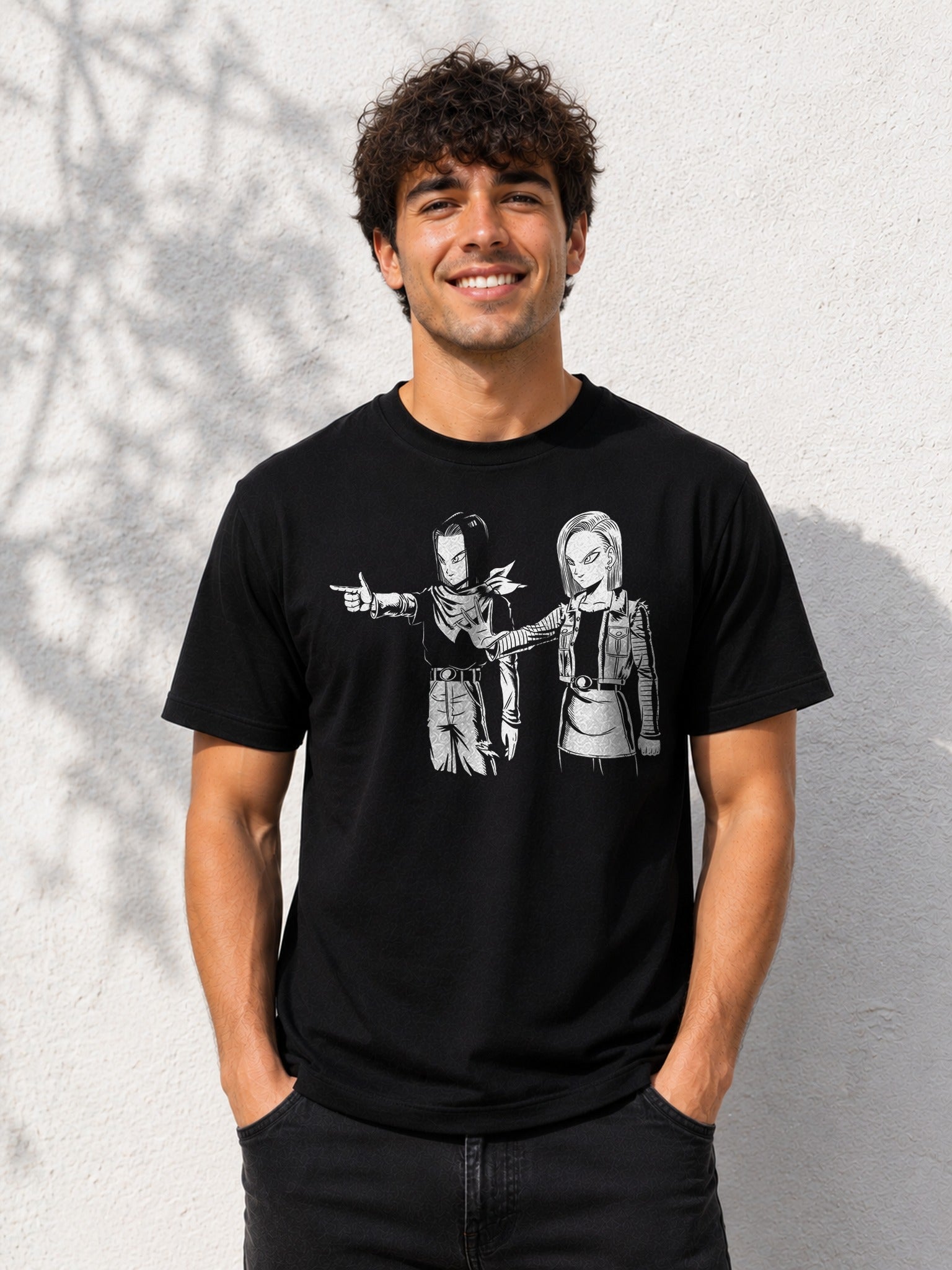 Camiseta A-Fiction – Androides 17 y 18 de Dragon Ball (negra)