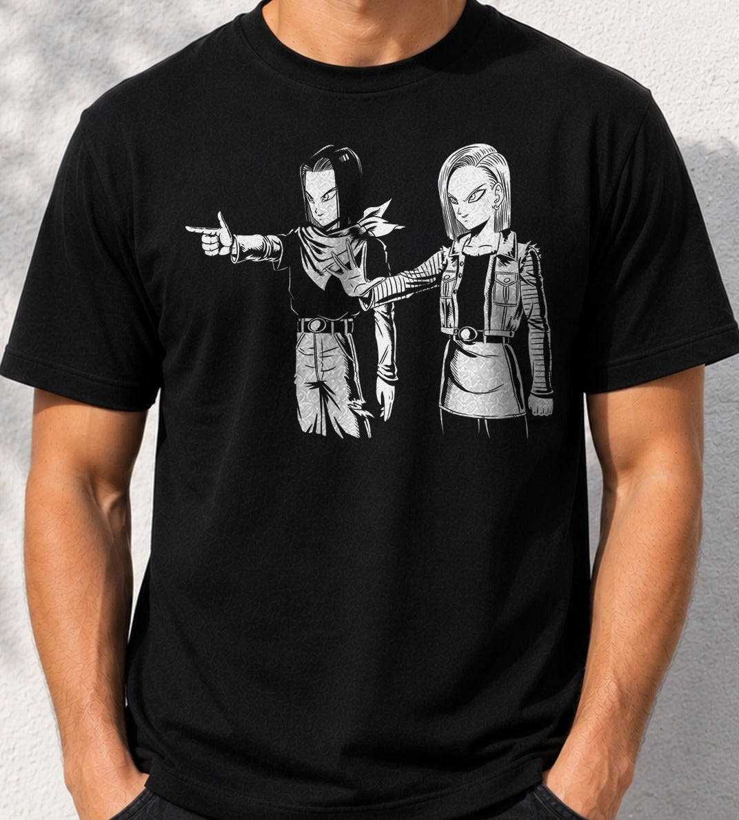Camiseta A-Fiction – Androides 17 y 18 de Dragon Ball (negra)