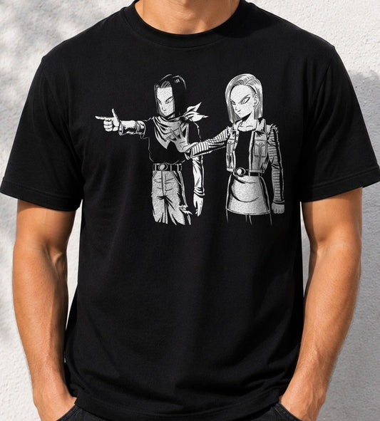 Camiseta A-Fiction – Androides 17 y 18 de Dragon Ball (negra)