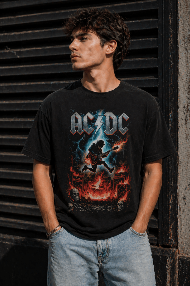 Camiseta AC/DC Negra Hombre – Diseño Rock Vintage con Guitarra y Fuego - El Cajón Friki