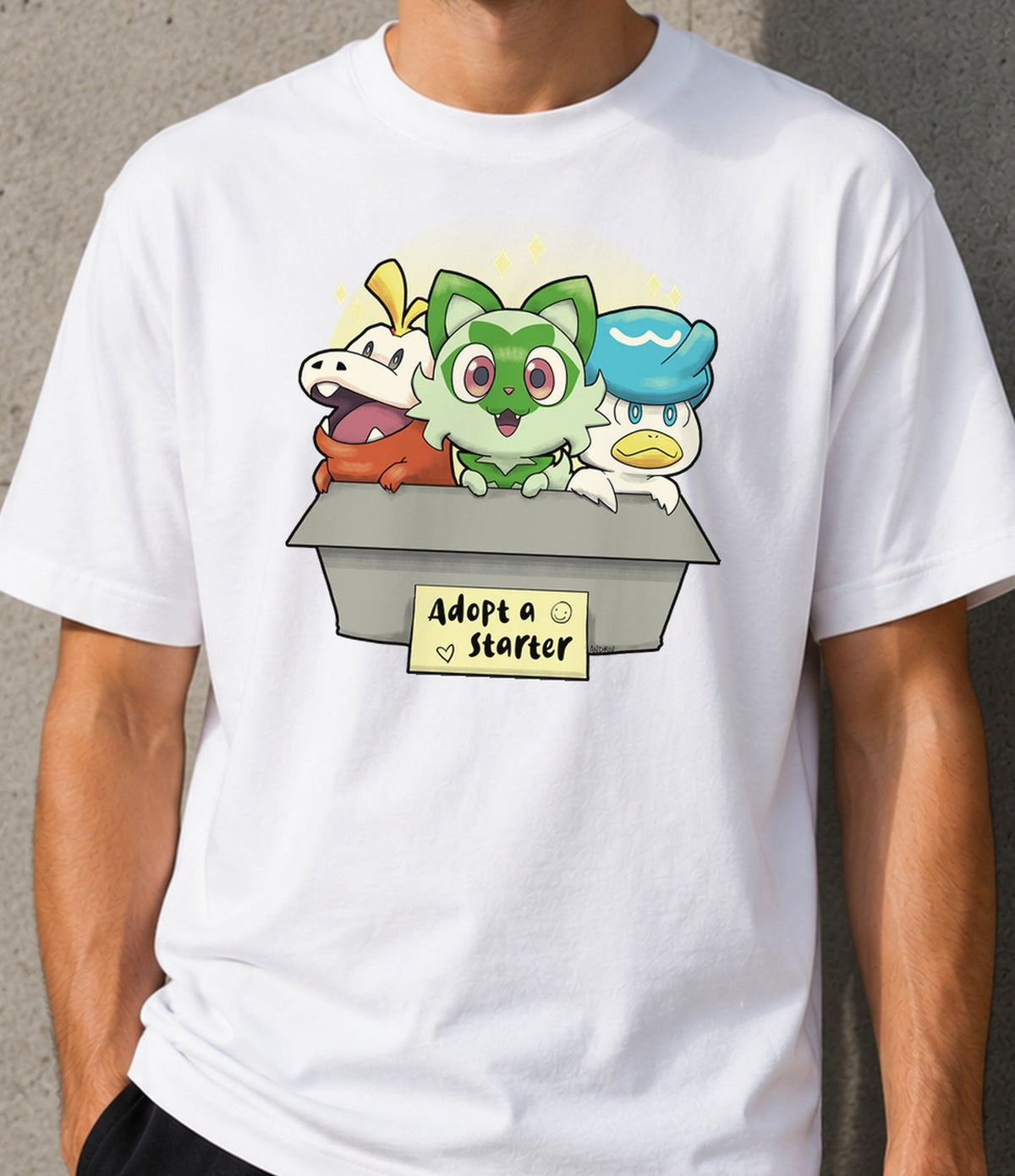 Camiseta Adopt a Starter – Criaturas para Adoptar (blanca)