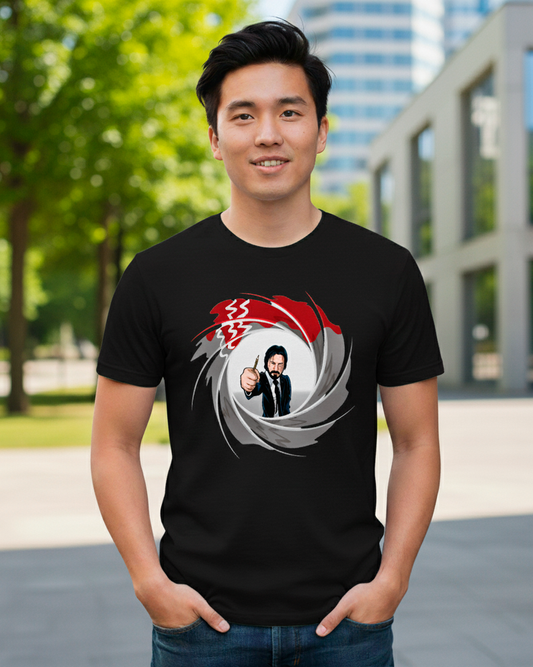 Camiseta Agent Wick con diseño de hombre en traje dando pulgar, rodeado de remolino gris y rojo.