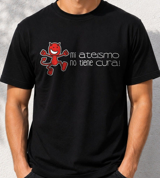 Camiseta Ateo Sin Cura – Humor para Descreídos (negra)