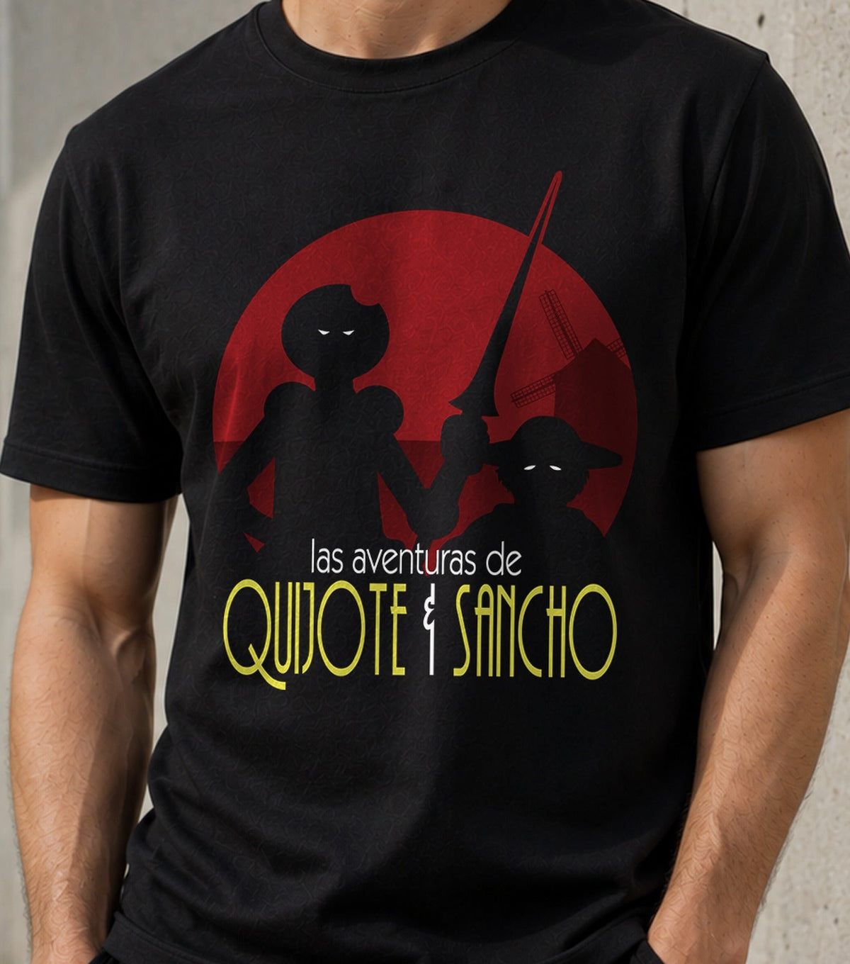 Camiseta Las aventuras de Quijote y Sancho – Molinos de Viento y Literatura Española (negra)