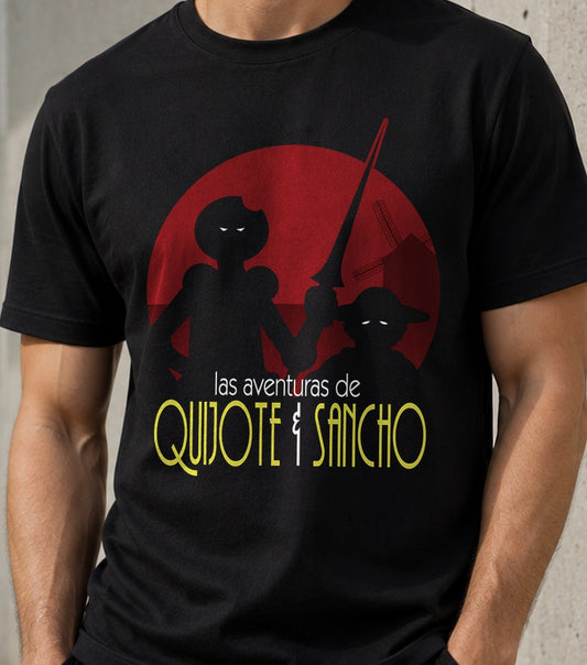 Camiseta Las aventuras de Quijote y Sancho – Molinos de Viento y Literatura Española (negra)