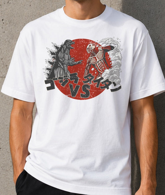 Camiseta Battle of Titans – Godzilla vs Titán de Ataque a los Titanes (blanca)